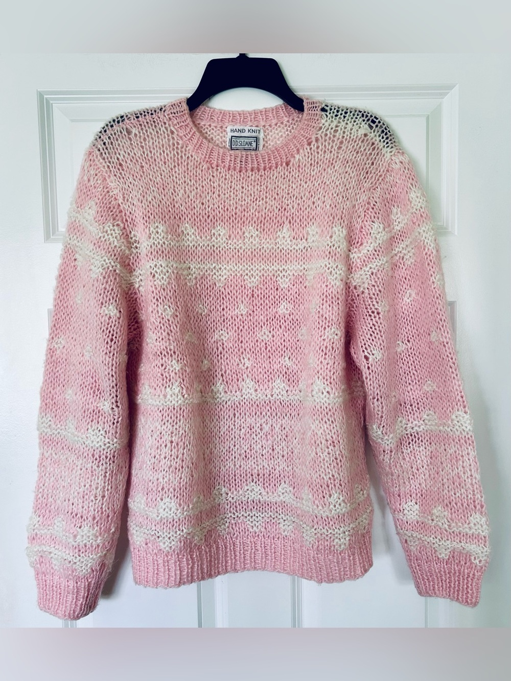 D.D.Sloane Vintage Hand Knit Pink & Cream Patterned Women's Sweater